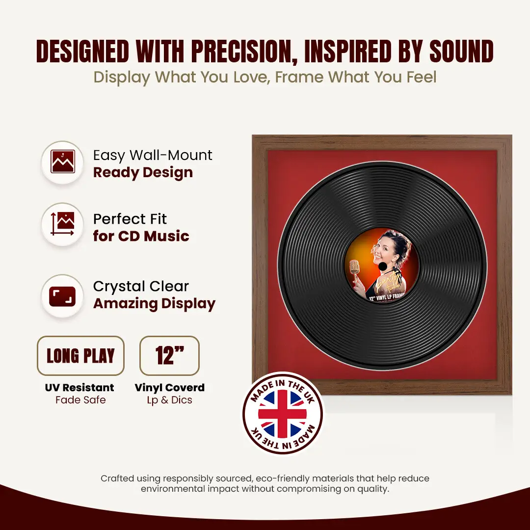 16x16" Modern Walnut Vinyl Record Frame With Crimson Mount For 12" LP Discs | Premium Wall Frame For Music Enthusiasts thumbnail 8
