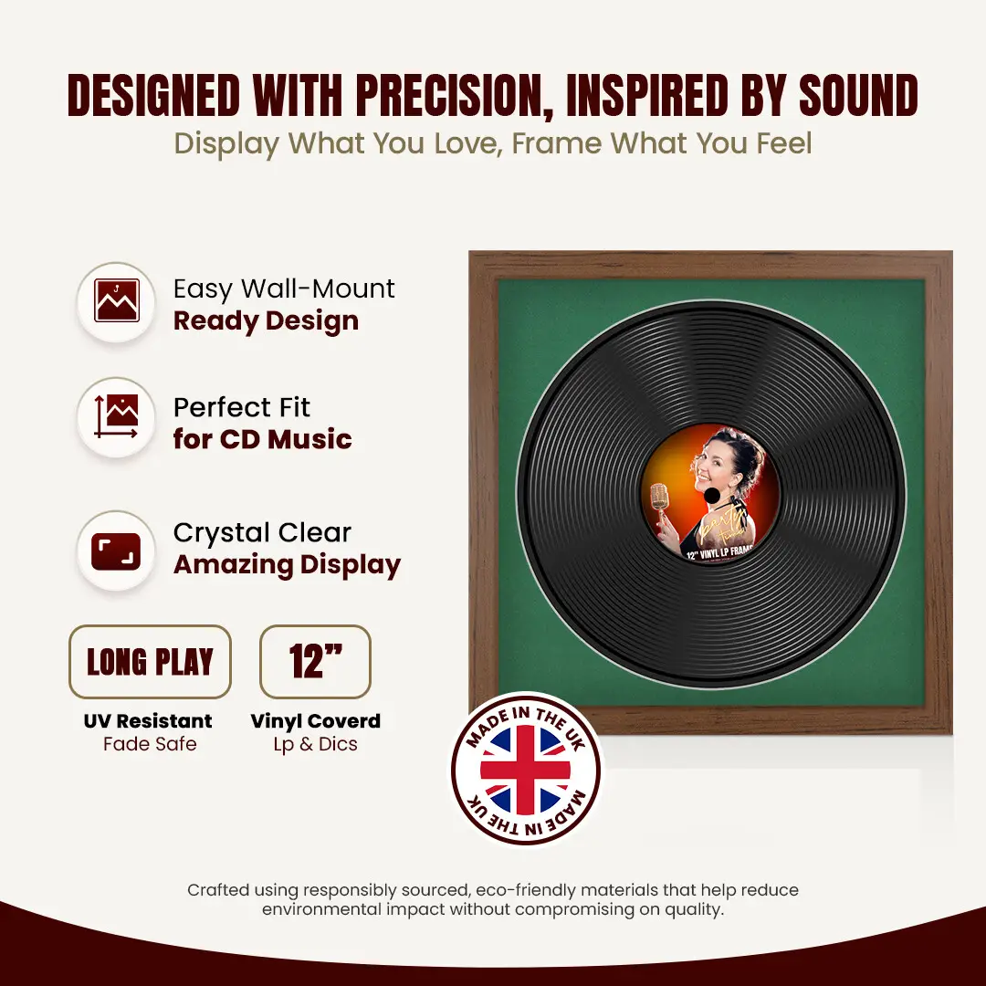 16x16" Modern Walnut Vinyl Record Frame With Black Mount For 12" LP Discs | Premium Wall Frame For Music Enthusiasts thumbnail 8