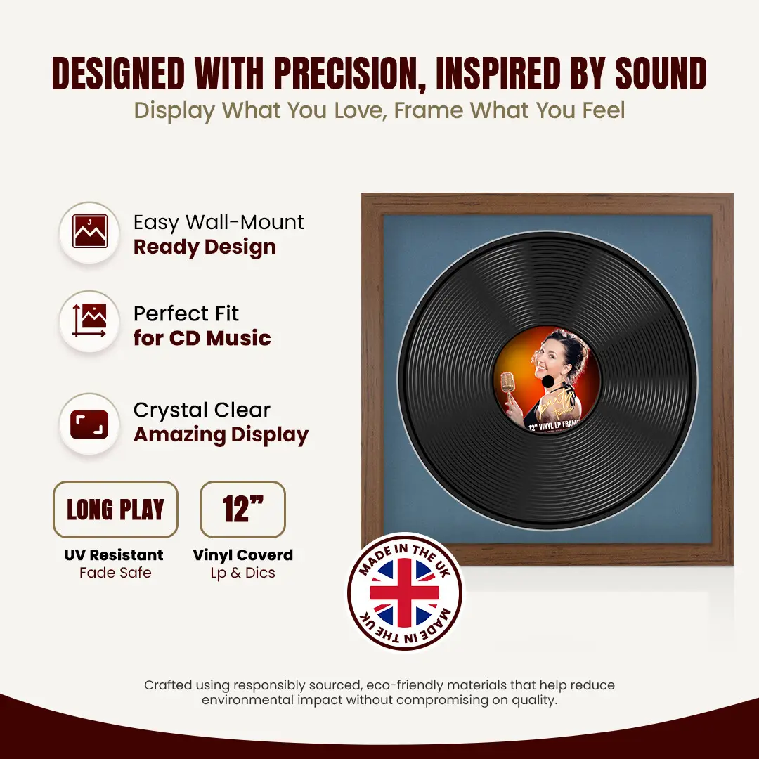 16x16" Modern Walnut Vinyl Record Frame With Pompador Mount For 12" LP Discs | Elegant Frame For Music Lovers thumbnail 8
