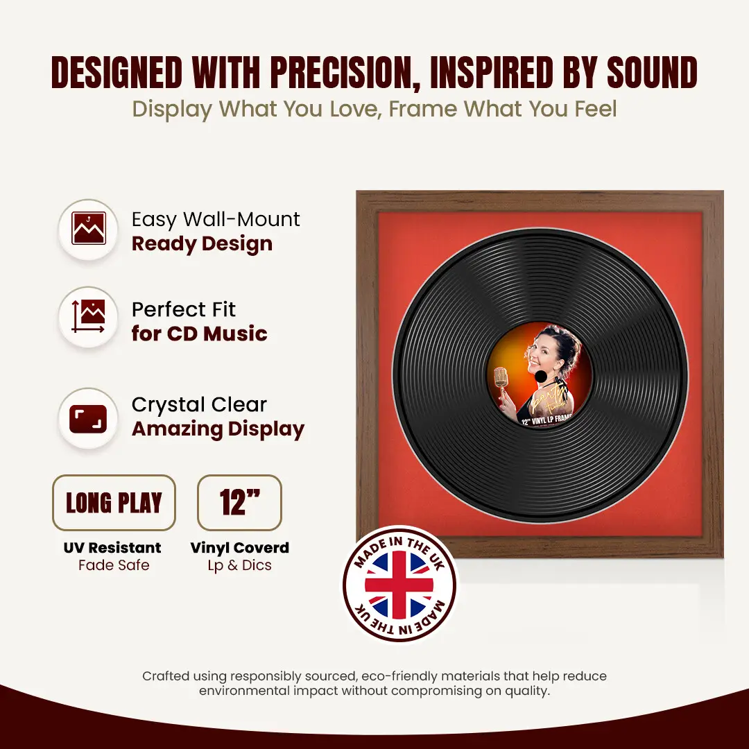 16x16" Modern Walnut Vinyl Record Frame With Poppy Red Mount For 12" LP Discs | Premium Wall Frame For Music Enthusiasts thumbnail 8