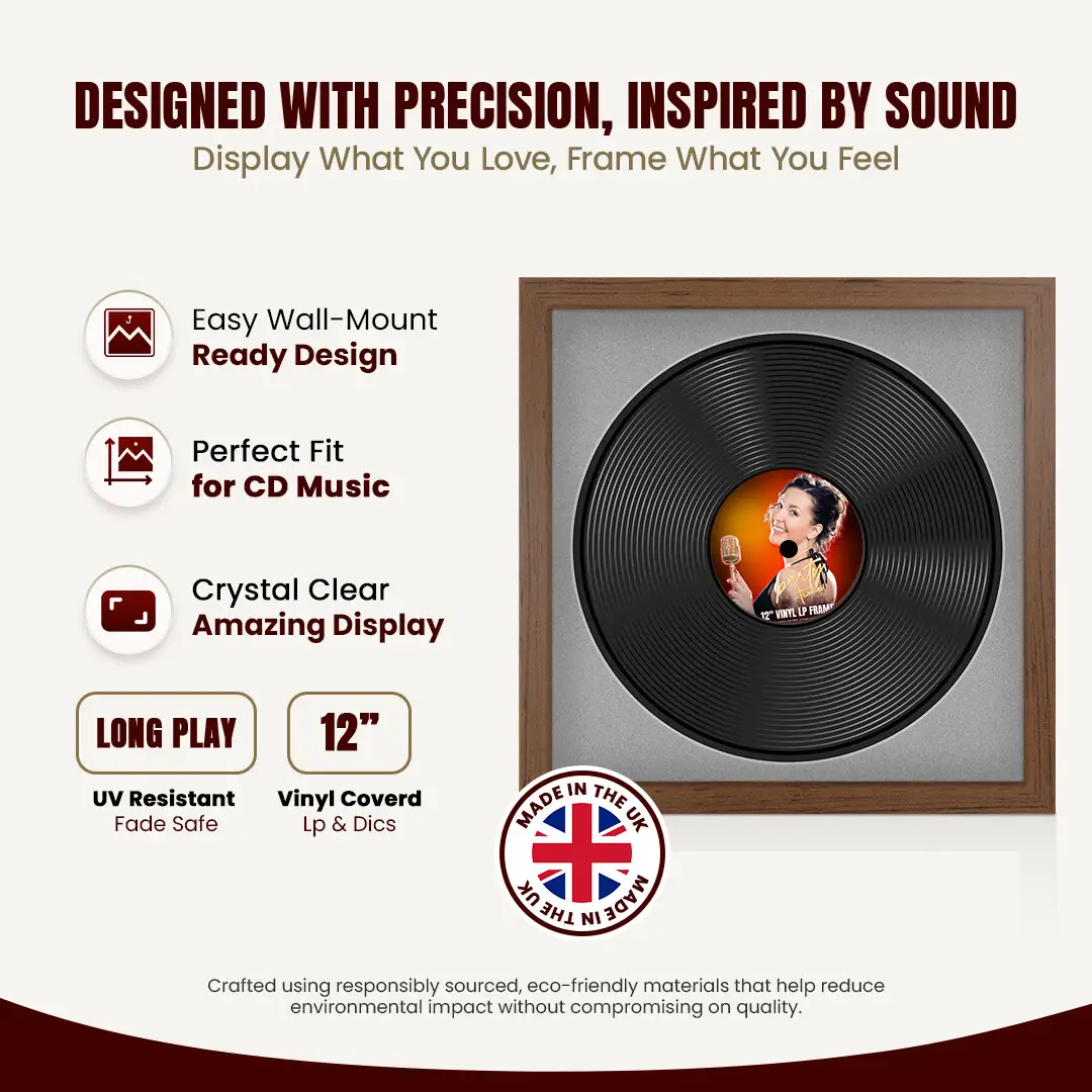 16x16" Modern Walnut Vinyl Record Frame With Silver Mount For 12" LP Discs | Elegant Frame For Music Lovers thumbnail 8