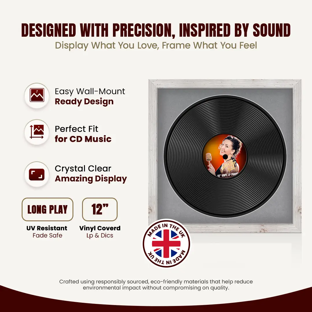 16x16" Modern White Rustic Vinyl Record Frame With Mid Grey Mount For 12" LP Discs | Premium Wall Frame For Music Enthusiasts thumbnail 8