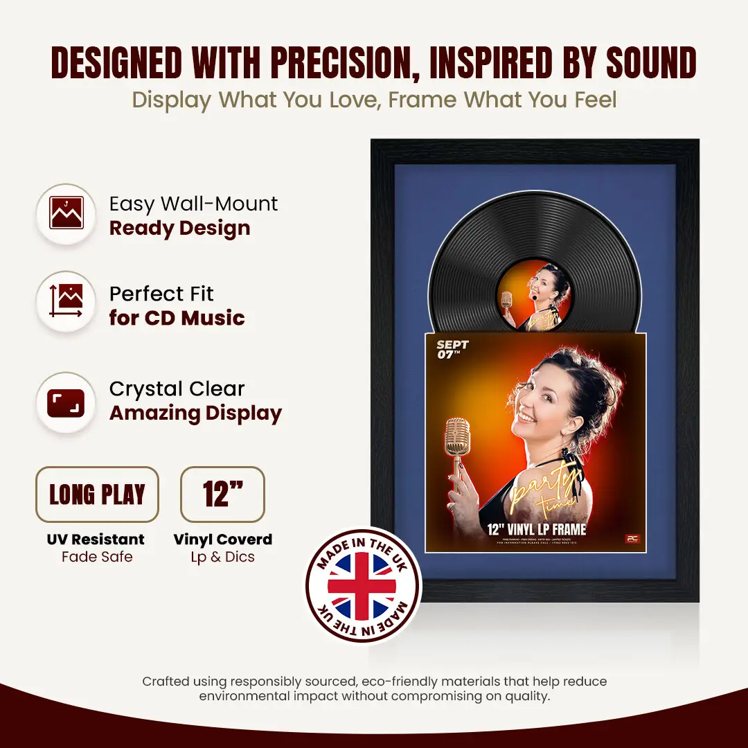 25x17" Modern Black Vinyl Record Frame For 12 Inch LP Cover & Disc With Blue Mount | Overlapped Vinyl Display thumbnail 8
