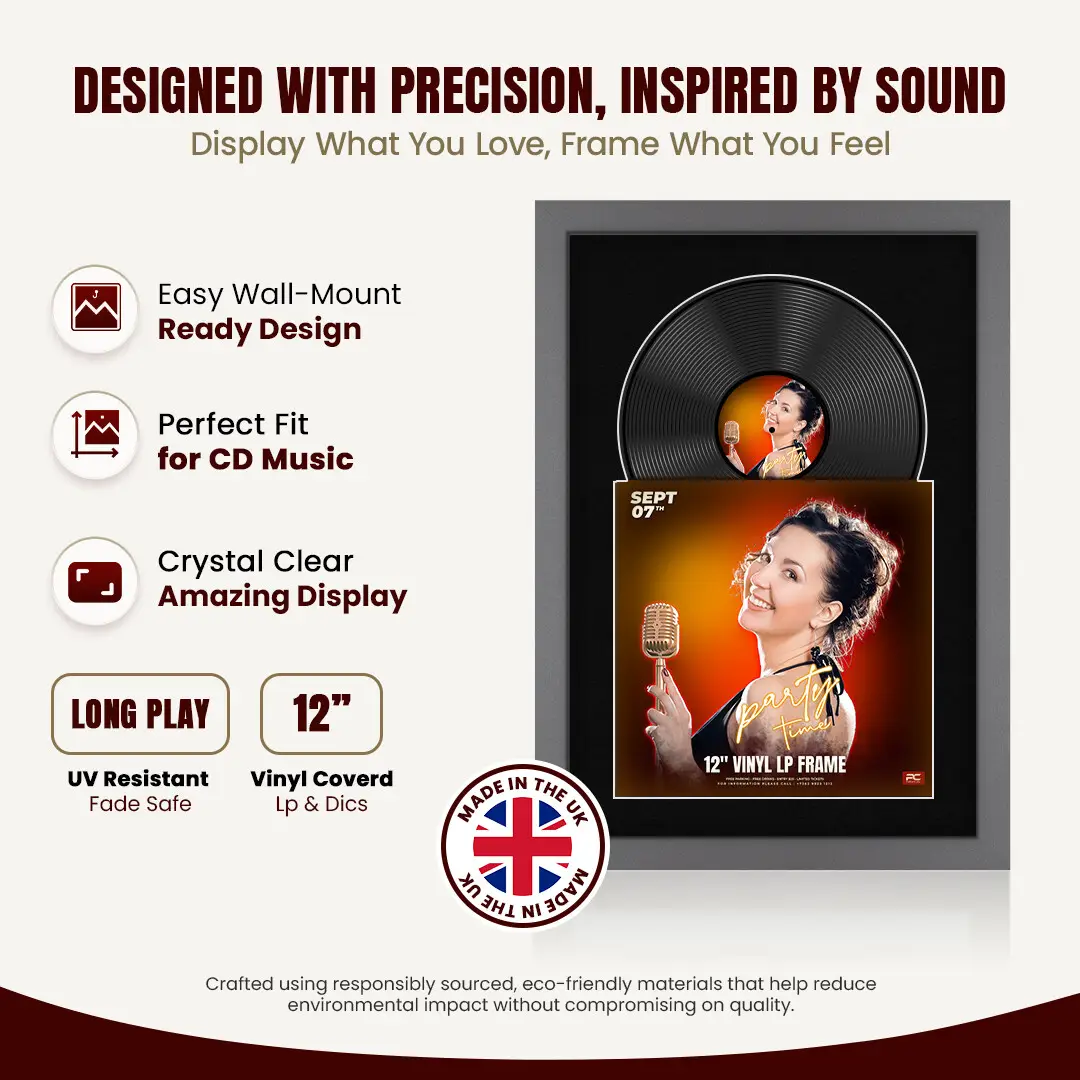 25x17" Modern Dark Grey Vinyl Record Frame For 12 Inch LP Cover & Disc With Black Mount | Overlapped Vinyl Display thumbnail 8