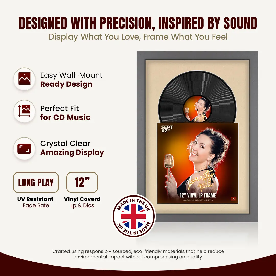 25x17" Modern Dark Grey Vinyl Record Frame For 12 Inch LP Cover & Disc (Overlapped) With Ivory Mount | Elegant Music Display thumbnail 8