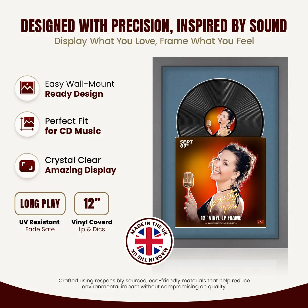 25x17" Modern Dark Grey Vinyl Record Frame For LP Cover & Disc With Pompador Mount | Overlapped Display thumbnail 8