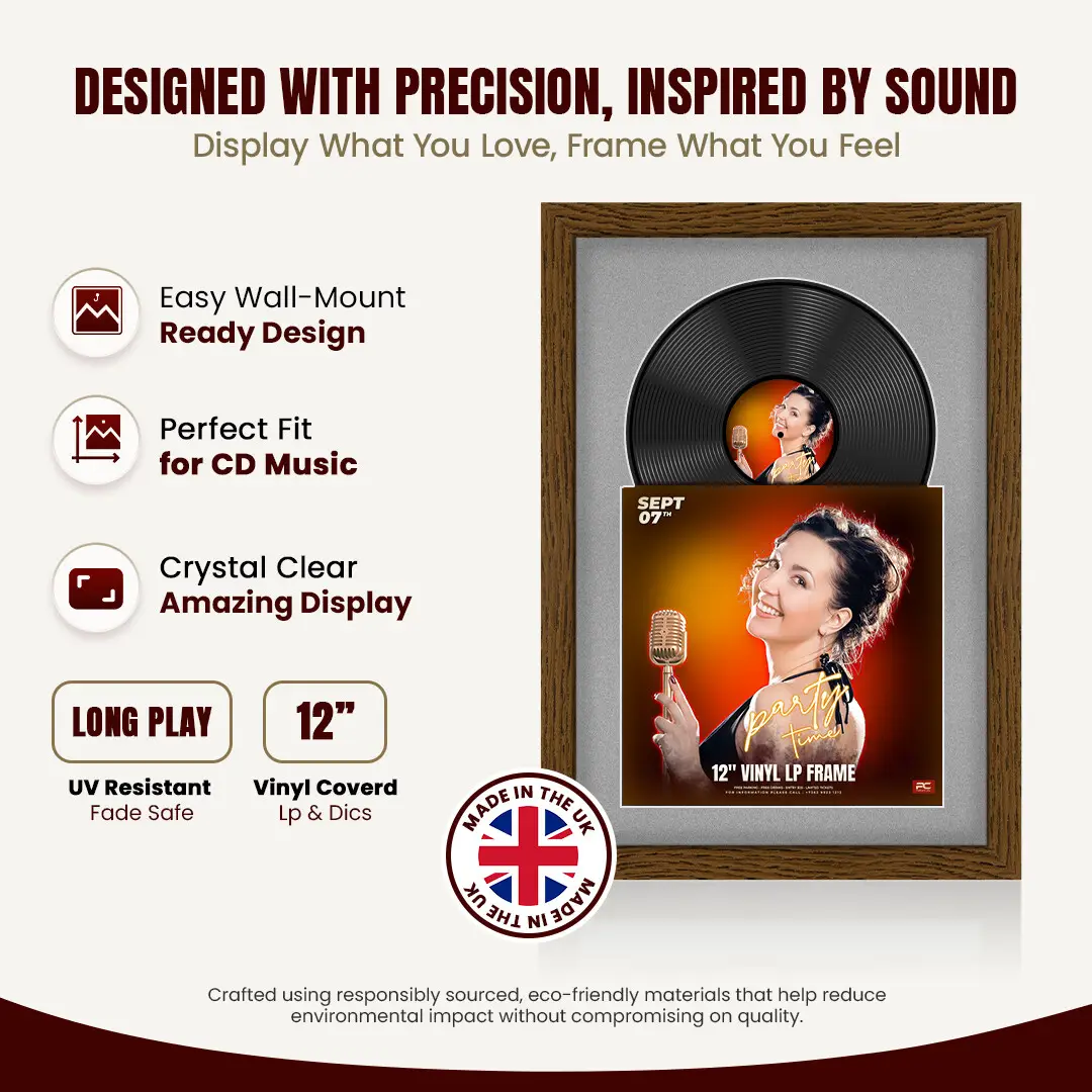 25x17" Modern Dark Oak Vinyl Record Frame For 12 Inch LP Cover & Disc (Overlapped) With Silver Mount | Elegant Music Display thumbnail 8