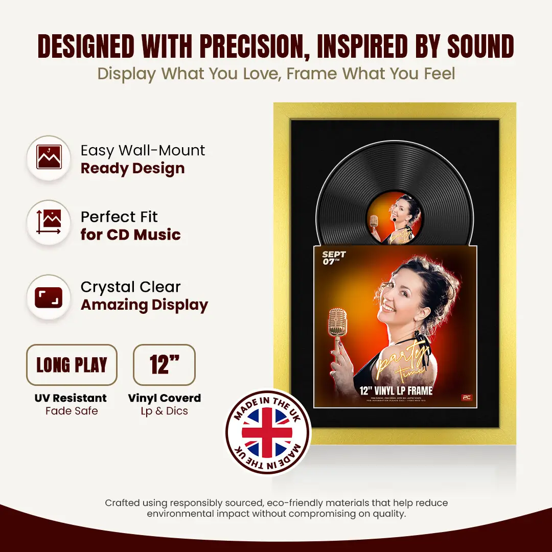 25x17" Modern Gold Vinyl Record Frame For 12 Inch LP Cover & Disc (Overlapped) With Black Mount | Elegant Music Display thumbnail 8