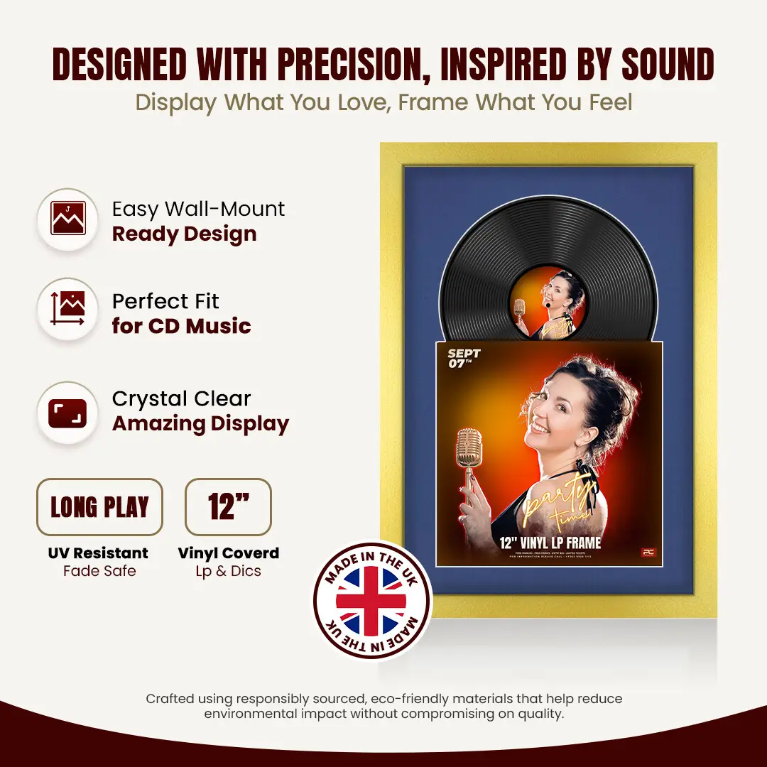 25x17" Modern Gold Vinyl Record Frame For 12 Inch LP Cover & Disc (Overlapped) With Blue Mount | Elegant Music Display thumbnail 8