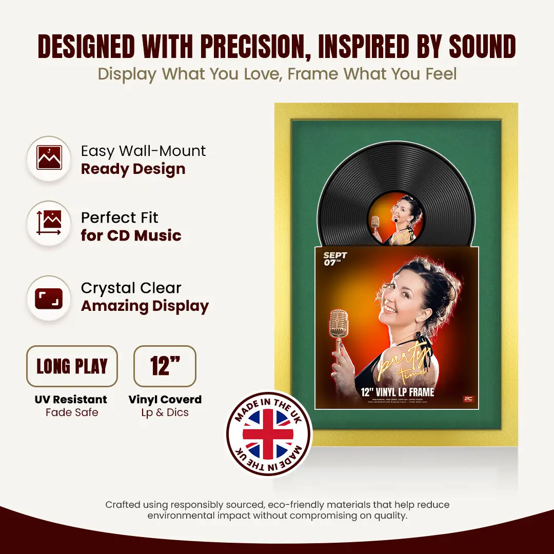 25x17" Modern Gold Vinyl Record Frame For 12 Inch LP Cover & Disc (Overlapped) With Emerald (Green) Mount | Elegant Music Display thumbnail 8