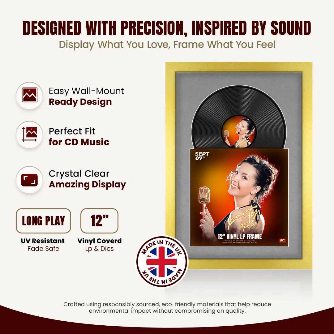 25x17" Modern Gold Vinyl Record Frame For 12 Inch LP Cover & Disc With Mid Grey Mount | Overlapped Vinyl Display thumbnail 8
