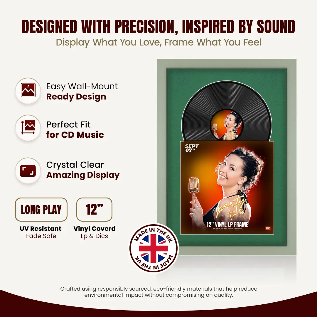 25x17" Modern Green Vinyl Record Frame For 12 Inch LP Cover & Disc (Overlapped) With Emerald (Green) Mount | Elegant Music Display thumbnail 8