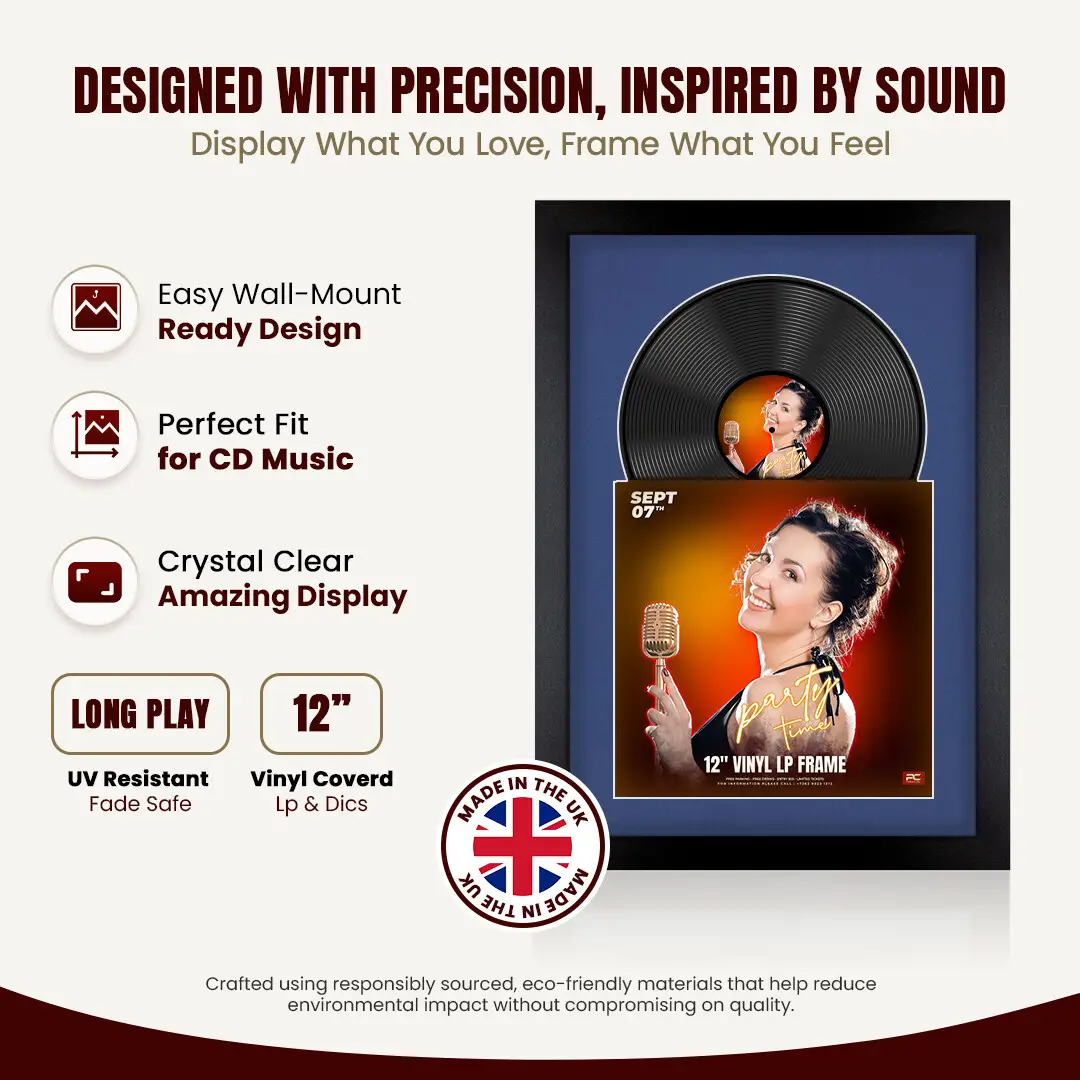 25x17" Modern Matte Black Vinyl Record Frame For LP Cover & Disc With Blue Mount | Overlapped Display thumbnail 8