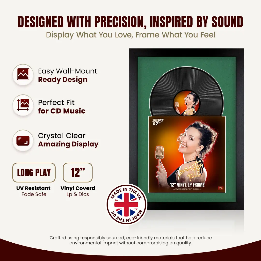 25x17" Modern Matte Black Vinyl Record Frame For 12 Inch LP Cover & Disc (Overlapped) With Emerald (Green) Mount | Elegant Music Display thumbnail 8