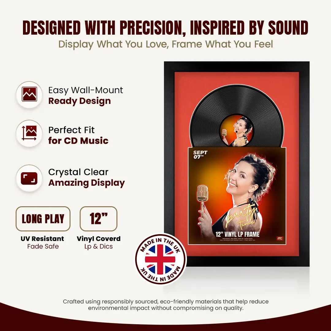 25x17" Modern Matte Black Vinyl Record Frame For 12 Inch LP Cover & Disc With Poppy Red Mount | Overlapped Vinyl Display thumbnail 8