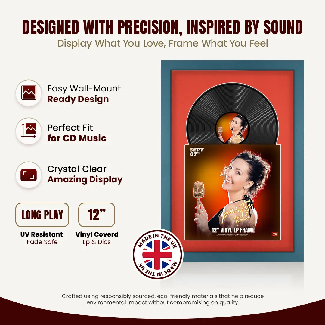 25x17" Modern Navy Blue Vinyl Record Frame For 12 Inch LP Cover & Disc (Overlapped) With Poppy Red Mount | Elegant Music Display thumbnail 8
