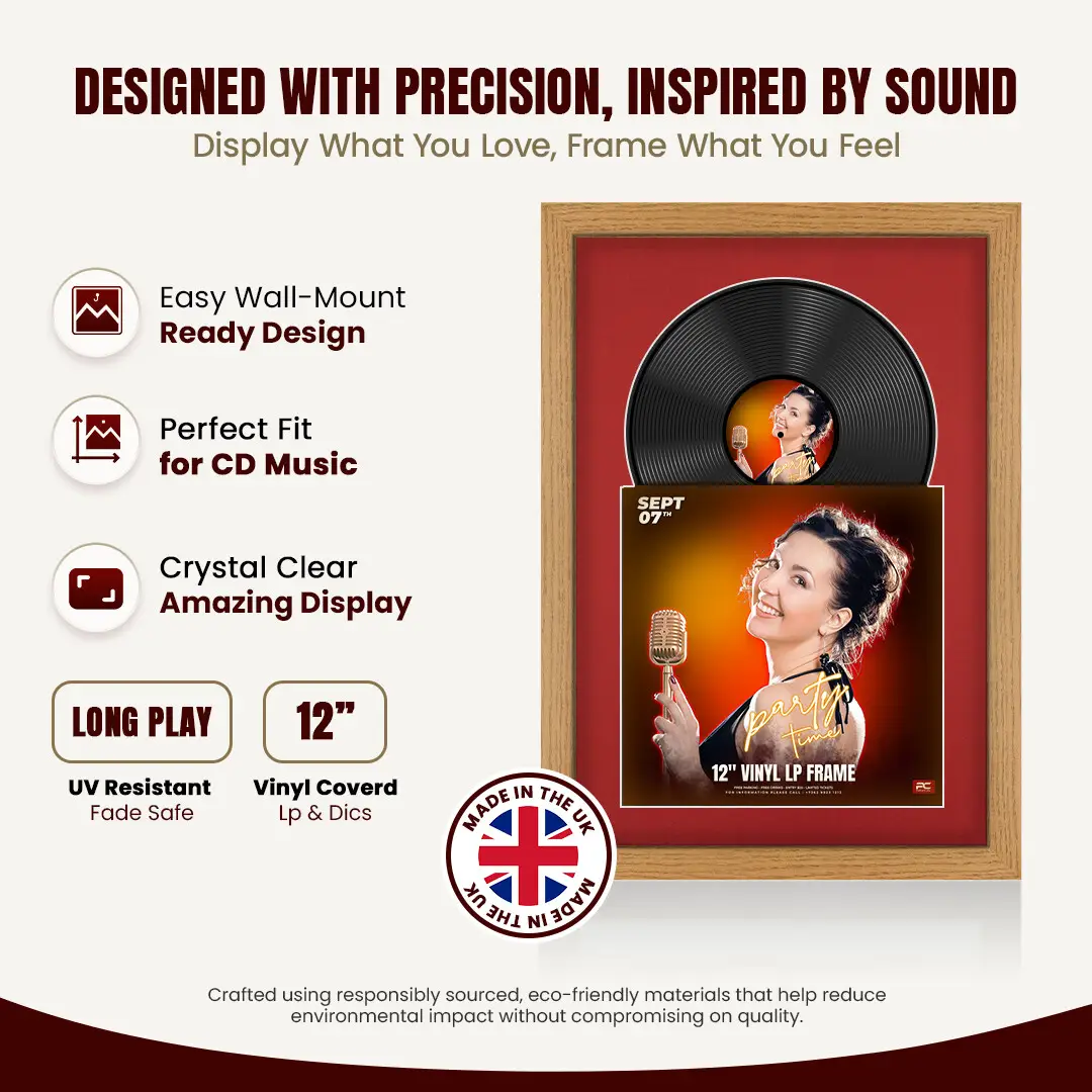 25x17" Modern Oak Vinyl Record Frame For 12 Inch LP Cover & Disc (Overlapped) With Crimson Mount | Elegant Music Display thumbnail 8