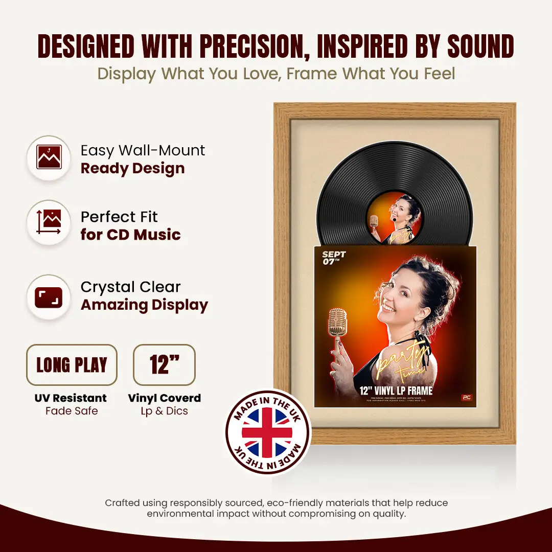 25x17" Modern Oak Vinyl Record Frame For 12 Inch LP Cover & Disc (Overlapped) With Ivory Mount | Elegant Music Display thumbnail 8