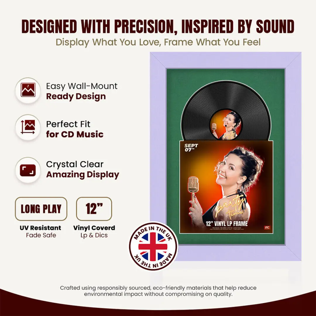 25x17" Modern Purple Vinyl Record Frame For 12 Inch LP Cover & Disc (Overlapped) With Emerald (Green) Mount | Elegant Music Display thumbnail 8