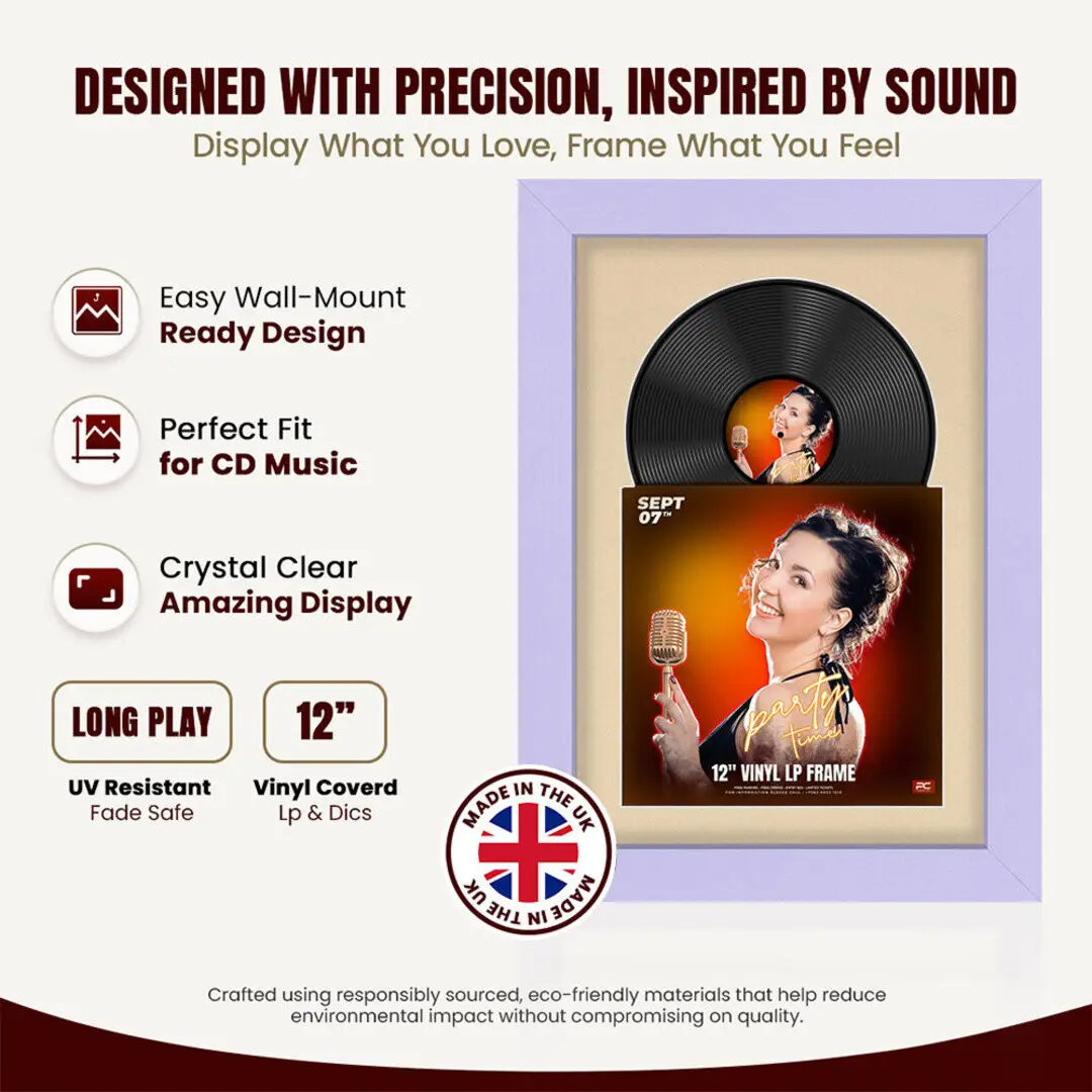 25x17" Modern Purple Vinyl Record Frame For 12 Inch LP Cover & Disc (Overlapped) With Ivory Mount | Elegant Music Display thumbnail 8