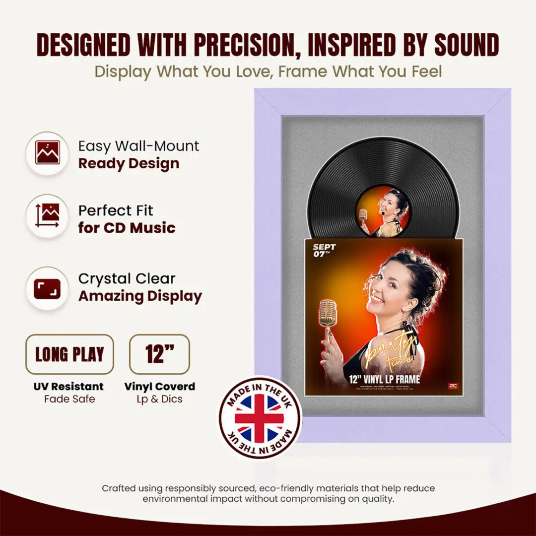 25x17" Modern Purple Vinyl Record Frame For 12 Inch LP Cover & Disc With Silver Mount | Overlapped Vinyl Display thumbnail 8