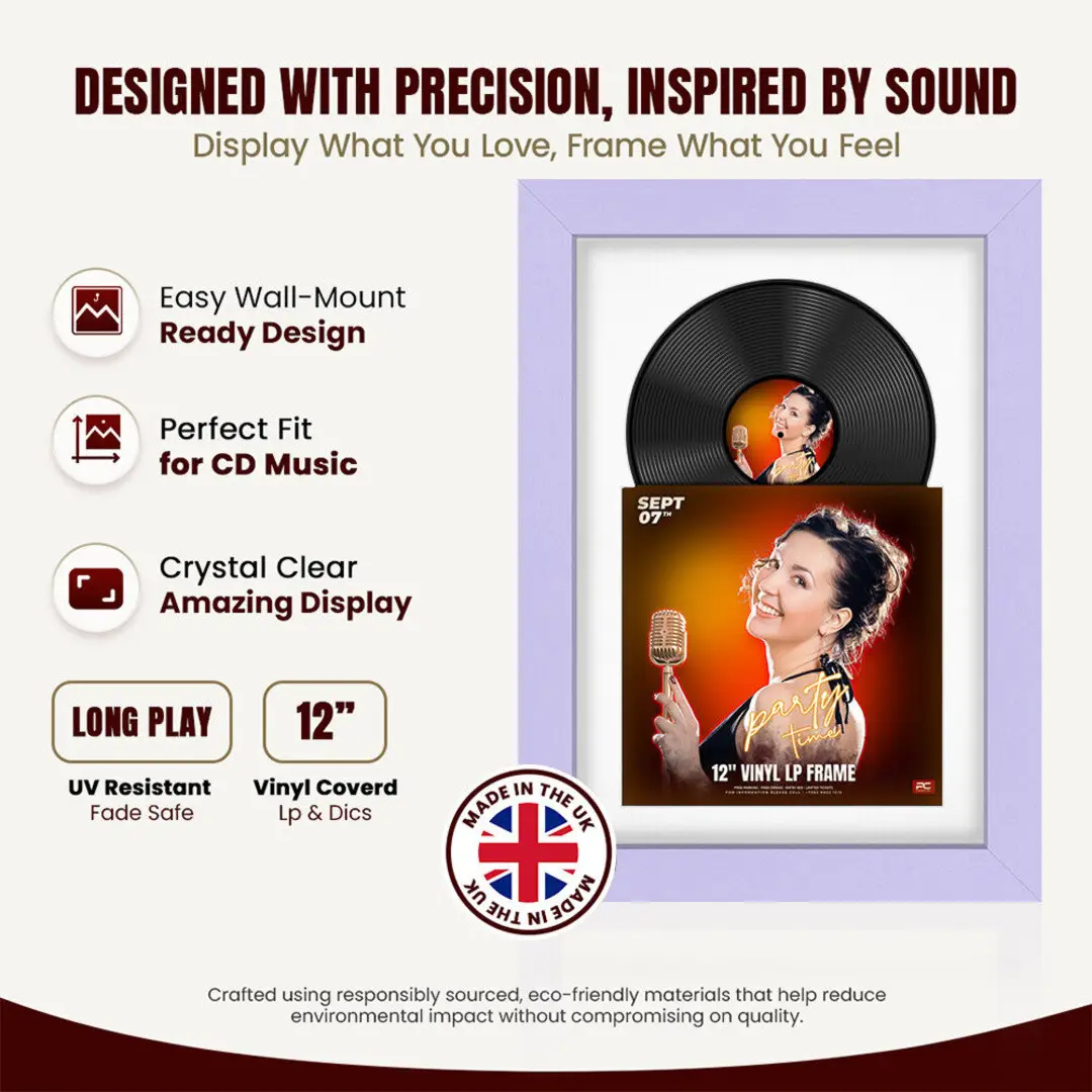 25x17" Modern Purple Vinyl Record Frame For 12 Inch LP Cover & Disc (Overlapped) With Ice White Mount | Elegant Music Display thumbnail 8