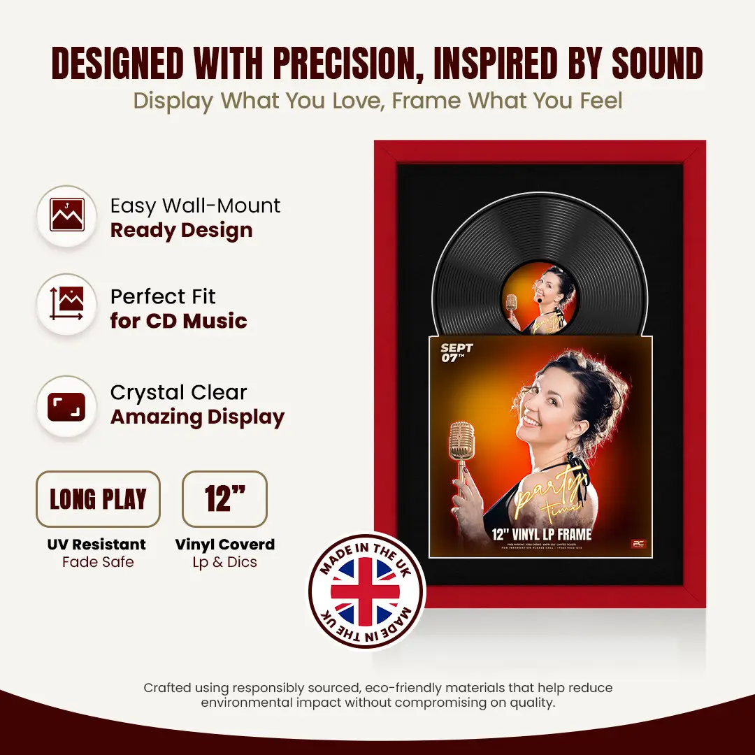 25x17" Modern Vinyl Record Frame For LP Cover & Disc With Poppy Red Mount | Overlapped Display thumbnail 8