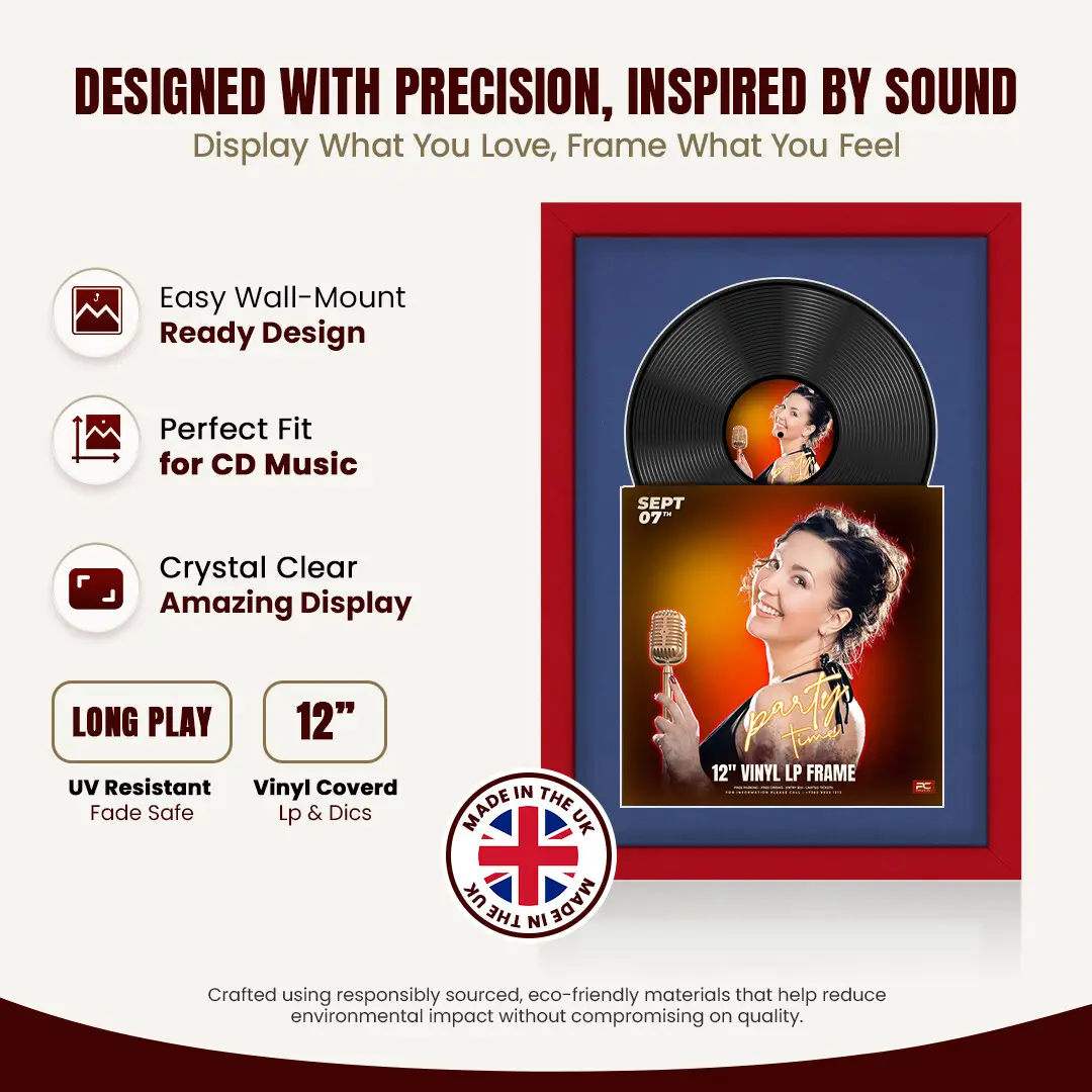 25x17" Modern Red Vinyl Record Frame For 12 Inch LP Cover & Disc (Overlapped) With Blue Mount | Elegant Music Display thumbnail 8