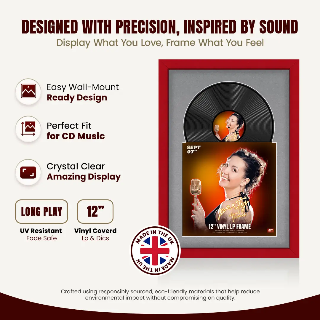25x17" Modern Red Vinyl Record Frame For LP Cover & Disc With Mid Grey Mount | Overlapped Display thumbnail 8