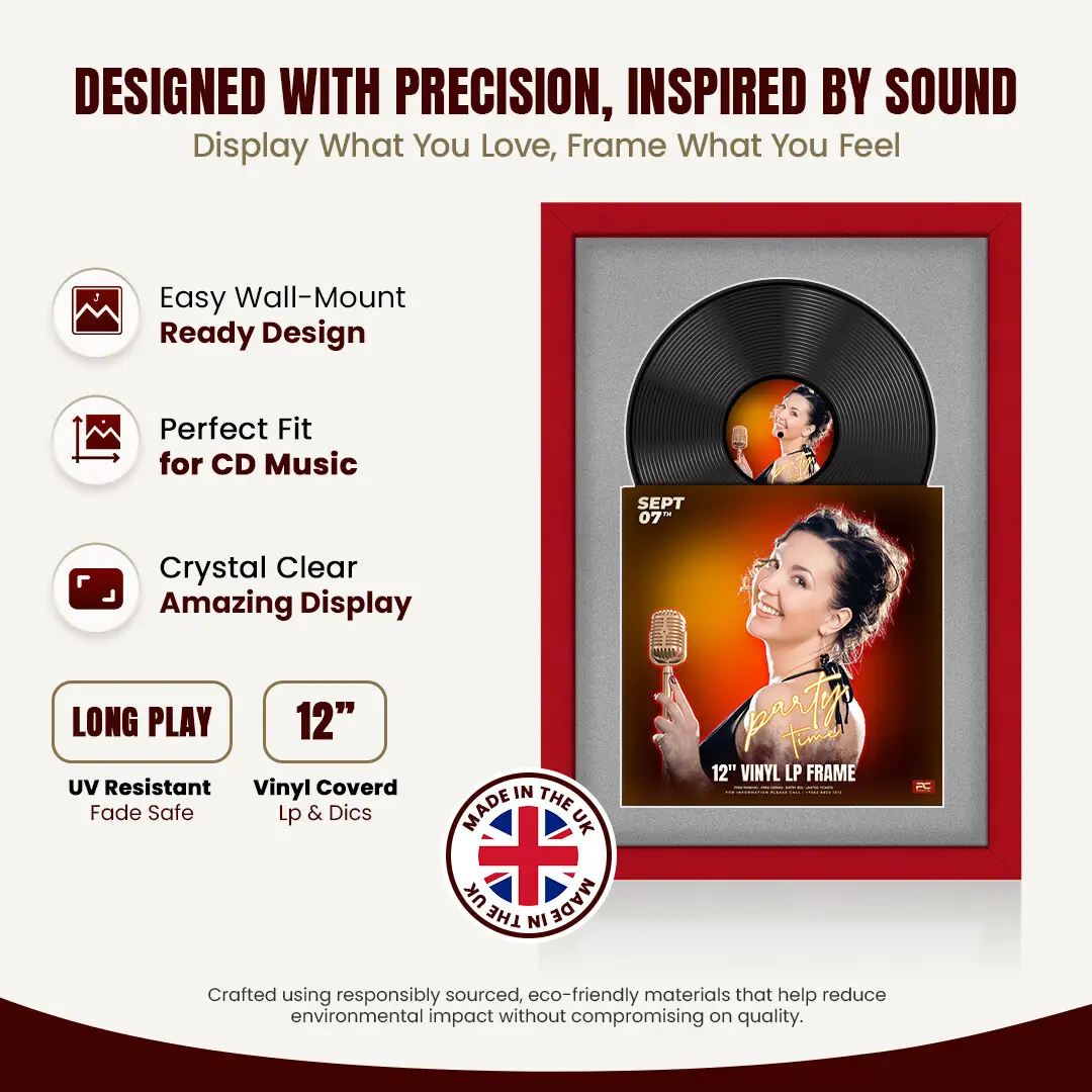 25x17" Modern Red Vinyl Record Frame For 12 Inch LP Cover & Disc (Overlapped) With Silver Mount | Elegant Music Display thumbnail 8
