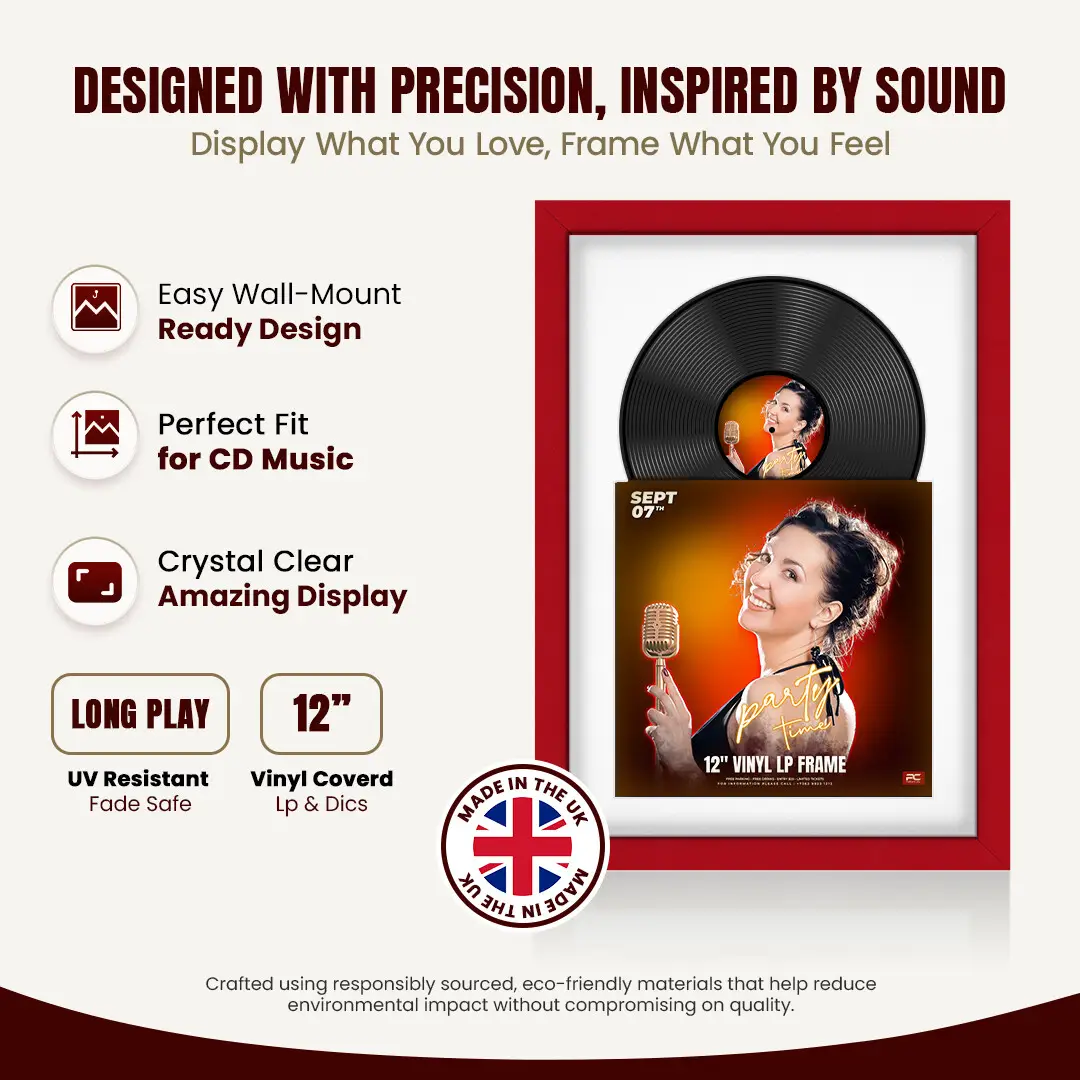 25x17" Modern Red Vinyl Record Frame For 12 Inch LP Cover & Disc (Overlapped) With Ice White Mount | Elegant Music Display thumbnail 8