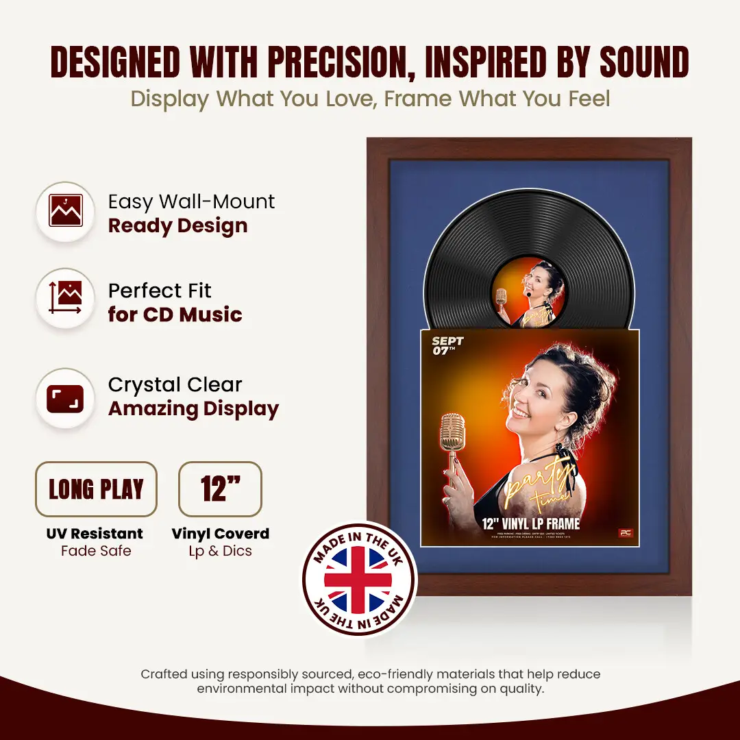 25x17" Modern Rose Wood Vinyl Record Frame For 12 Inch LP Cover & Disc (Overlapped) With Blue Mount | Elegant Music Display thumbnail 8