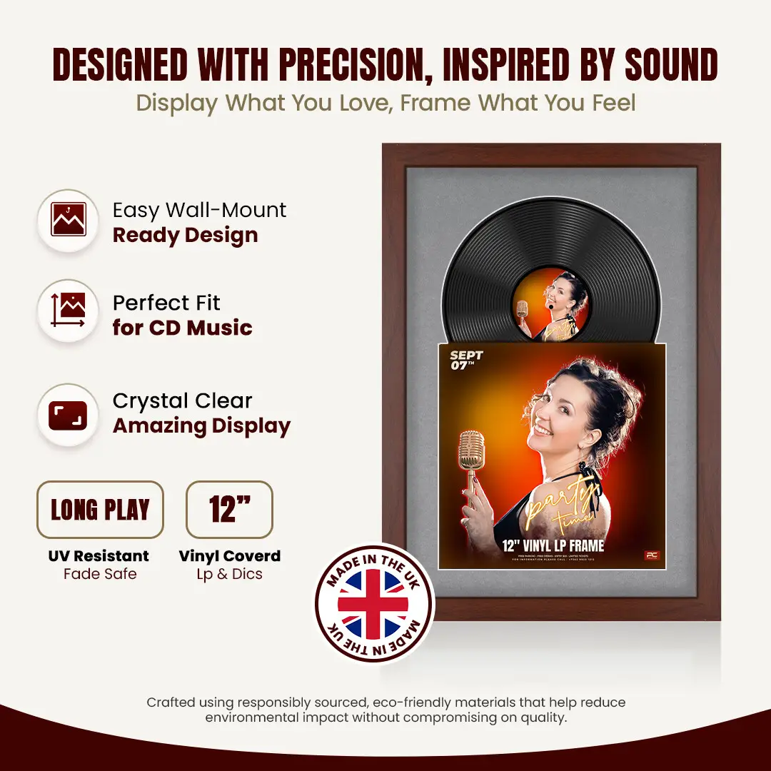 25x17" Modern Rose Wood Vinyl Record Frame For 12 Inch LP Cover & Disc With Mid Grey Mount | Overlapped Vinyl Display thumbnail 8