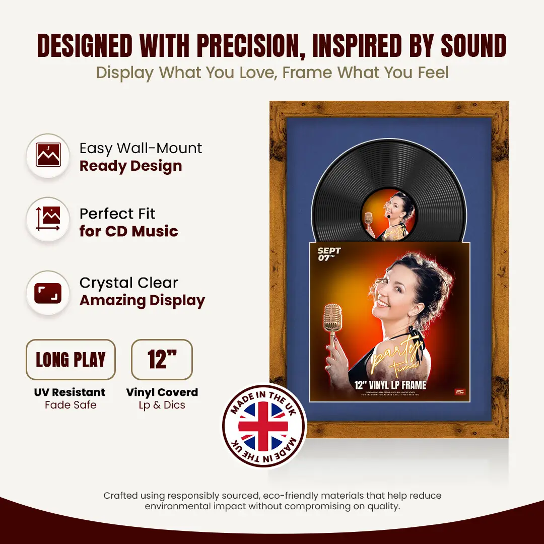 25x17" Modern Rustic Oak Vinyl Record Frame For 12 Inch LP Cover & Disc With Blue Mount | Overlapped Vinyl Display thumbnail 8