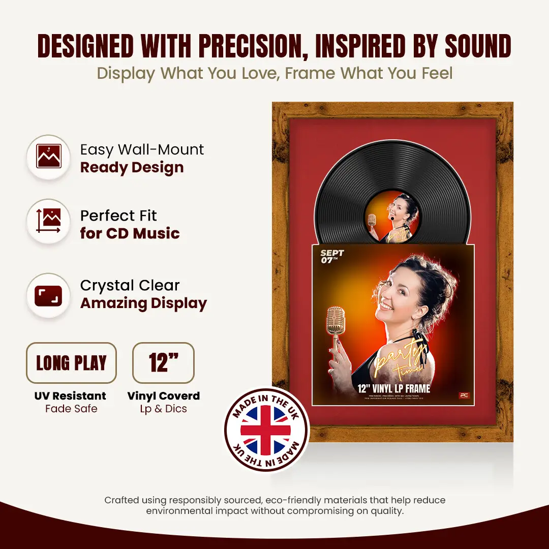 25x17" Modern Rustic Oak Vinyl Record Frame For 12 Inch LP Cover & Disc With Crimson Mount | Overlapped Vinyl Display thumbnail 8