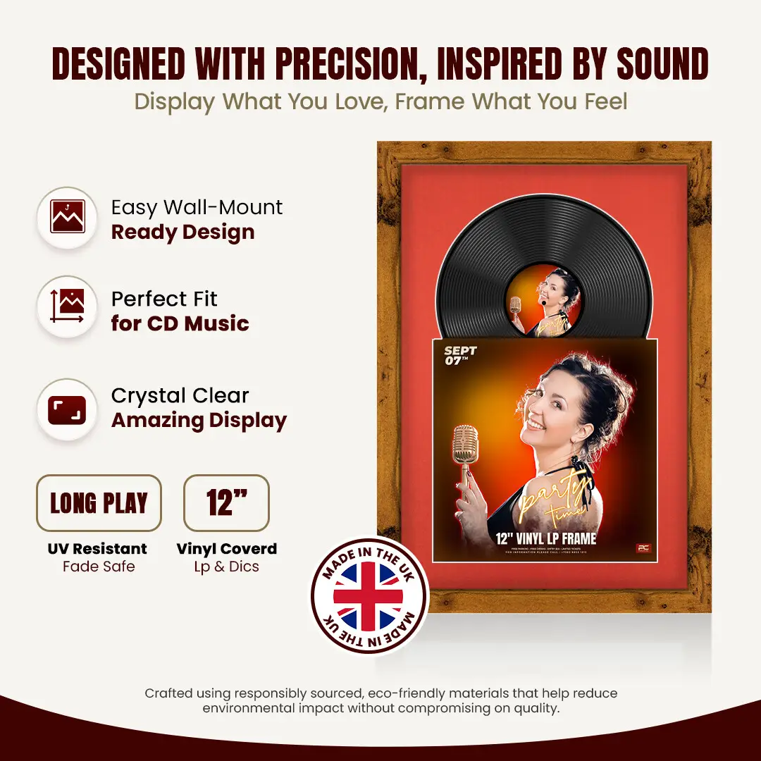 25x17" Modern Rustic Oak Vinyl Record Frame For 12 Inch LP Cover & Disc (Overlapped) With Poppy Red Mount | Elegant Music Display thumbnail 8