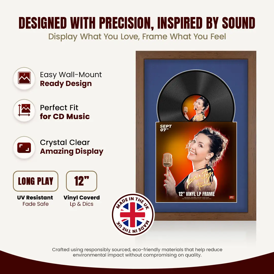 25x17" Modern Walnut Vinyl Record Frame For 12 Inch LP Cover & Disc (Overlapped) With Blue Mount | Elegant Music Display thumbnail 8
