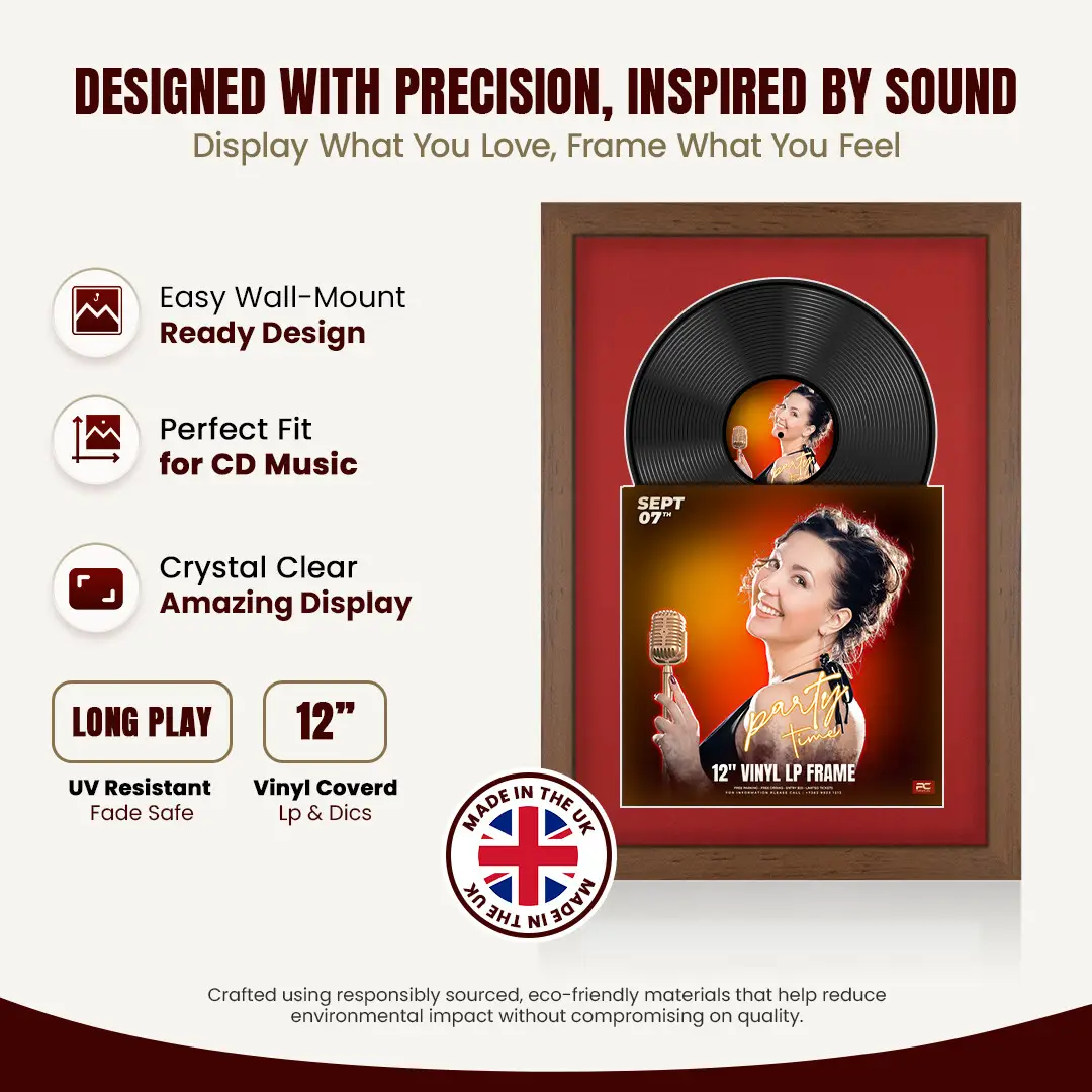 25x17" Modern Walnut Vinyl Record Frame For 12 Inch LP Cover & Disc With Crimson Mount | Overlapped Vinyl Display thumbnail 8