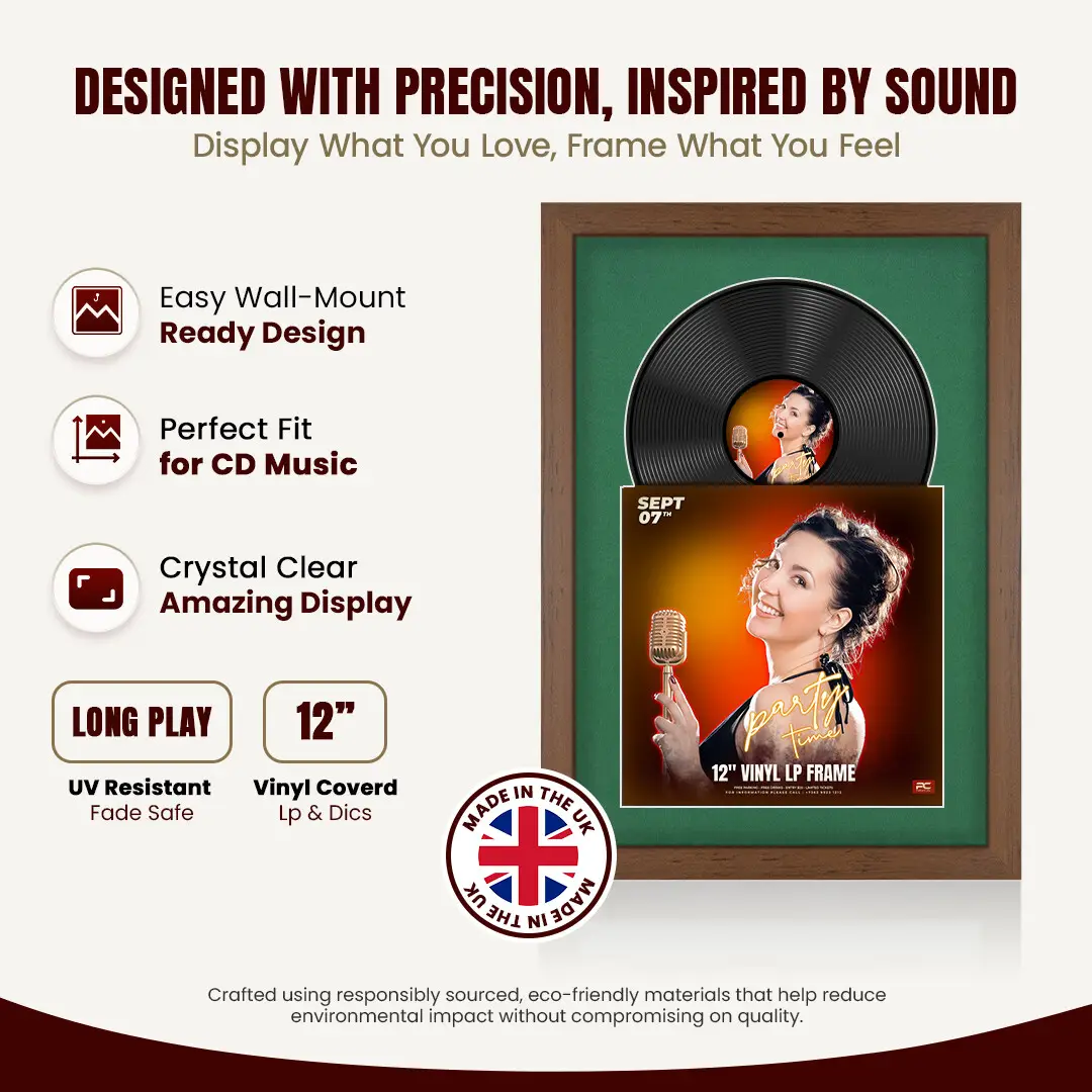 25x17" Modern Walnut Vinyl Record Frame For 12 Inch LP Cover & Disc With Emerald (Green) Mount | Overlapped Vinyl Display thumbnail 8