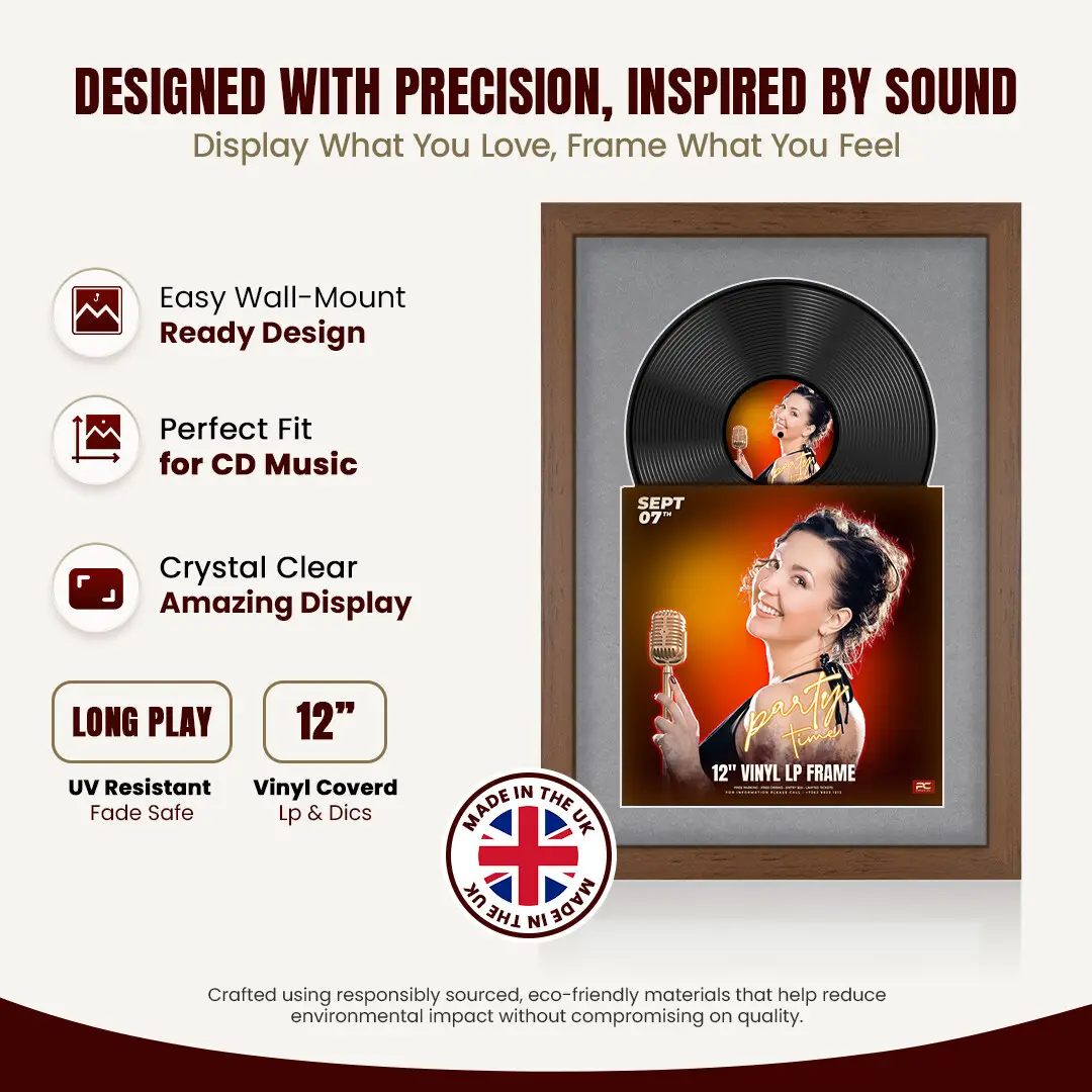 25x17" Modern Walnut Vinyl Record Frame For 12 Inch LP Cover & Disc With Mid Grey Mount | Overlapped Vinyl Display thumbnail 8