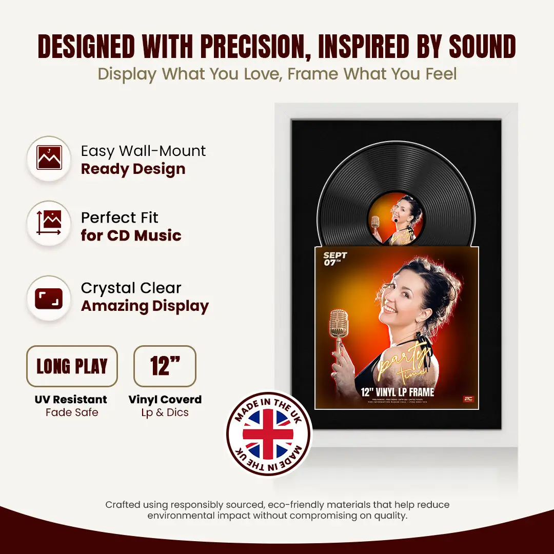 25x17" Modern White Vinyl Record Frame For 12 Inch LP Cover & Disc (Overlapped) With Black Mount | Elegant Music Display thumbnail 8