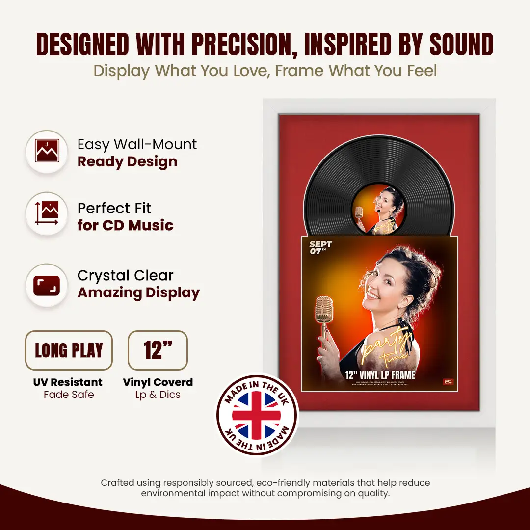 25x17" Modern White Vinyl Record Frame For LP Cover & Disc With Crimson Mount | Overlapped Display thumbnail 8
