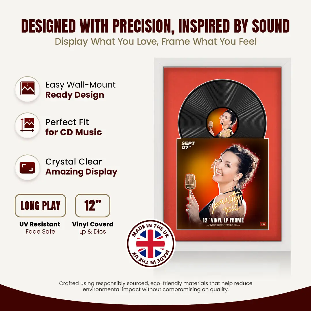 25x17" Modern White Vinyl Record Frame For 12 Inch LP Cover & Disc With Poppy Red Mount | Overlapped Vinyl Display thumbnail 8