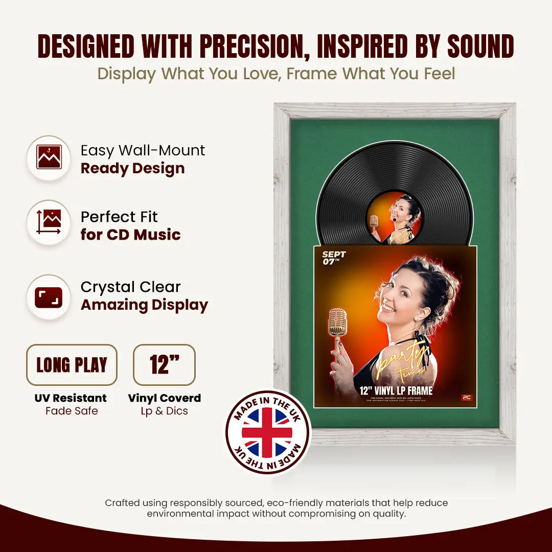 25x17" Modern White Rustic Vinyl Record Frame For 12 Inch LP Cover & Disc (Overlapped) With Emerald (Green) Mount | Elegant Music Display thumbnail 8