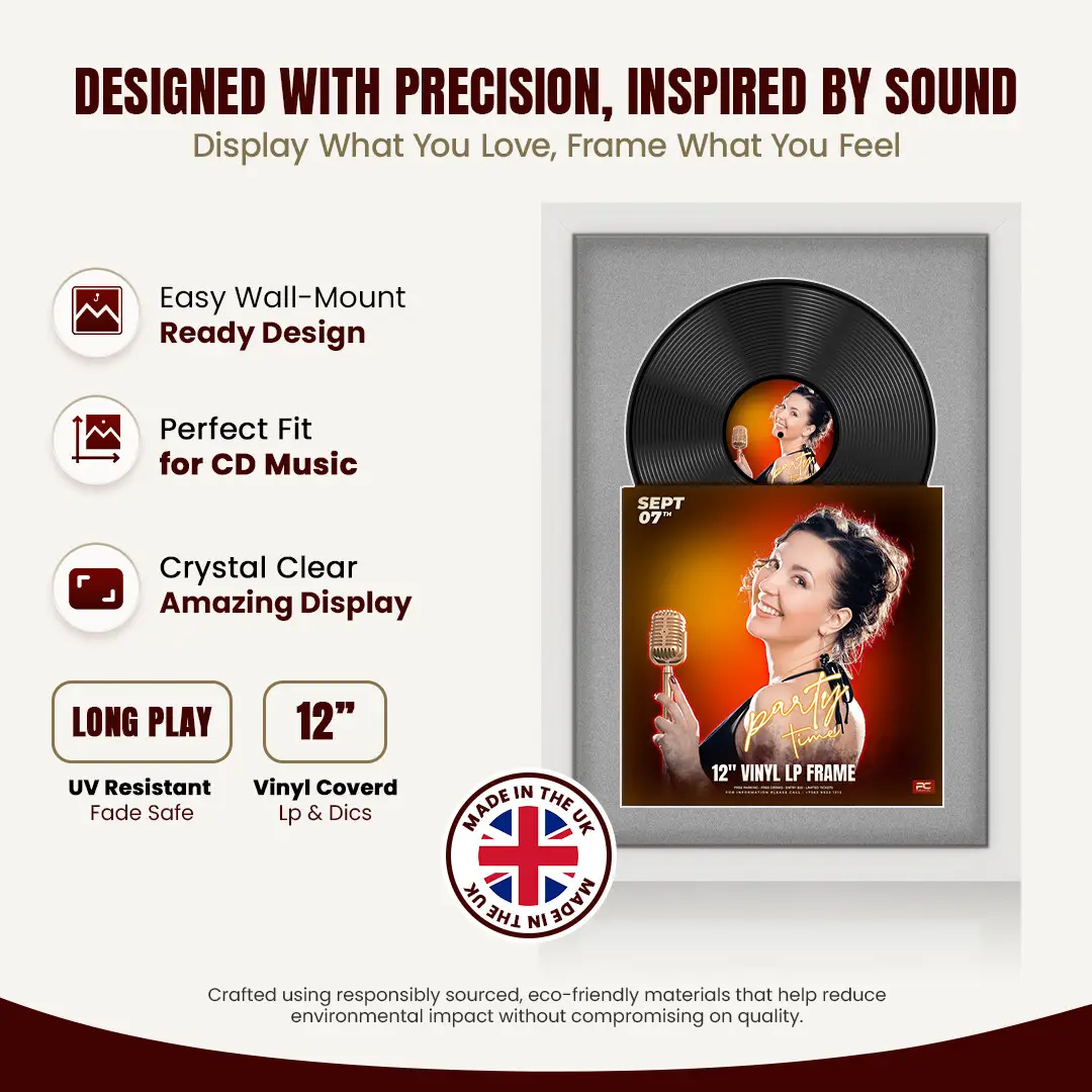 25x17" Modern White Vinyl Record Frame For LP Cover & Disc With Silver Mount | Overlapped Display thumbnail 8