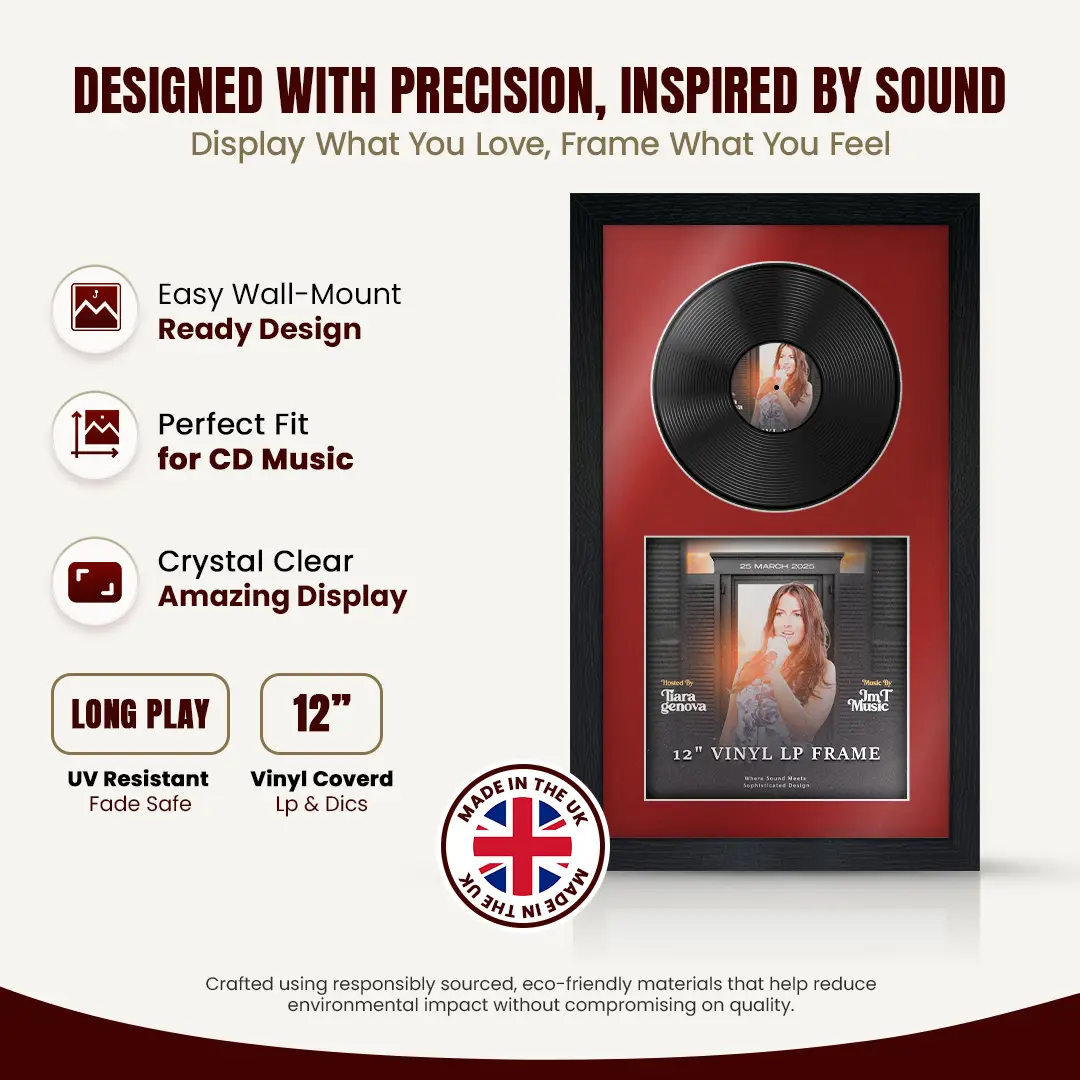 30x17" Modern Black Vinyl Record Frame With Crimson Mount | For 12" LP Cover and Disc Side By Side Display thumbnail 8