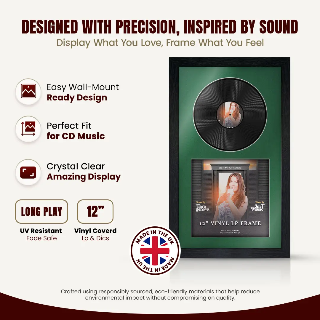 30x17" Modern Black Vinyl Record Frame With Emerald (Green) Mount | Displays 12" LP Cover & Disc Side by Side thumbnail 8
