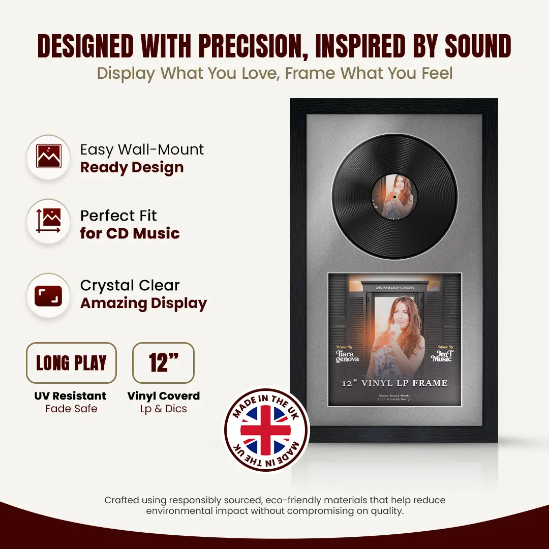 30x17" Modern Black Vinyl Record Frame With Silver Mount | Displays 12" LP Cover & Disc Side by Side thumbnail 8