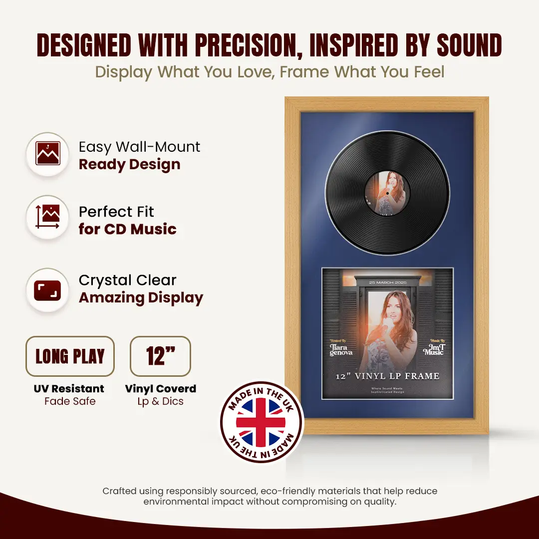 30x17" Modern Country Pine Vinyl Record Frame With Blue Mount | Displays 12" LP Cover & Disc Side by Side thumbnail 8