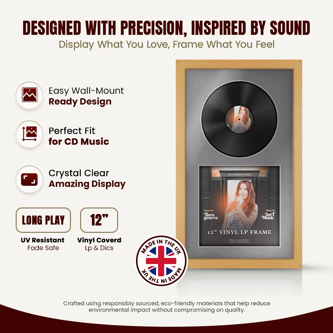 30x17" Modern Country Pine Vinyl Record Frame With Mid Grey Mount | Displays 12" LP Cover & Disc Side by Side thumbnail 8